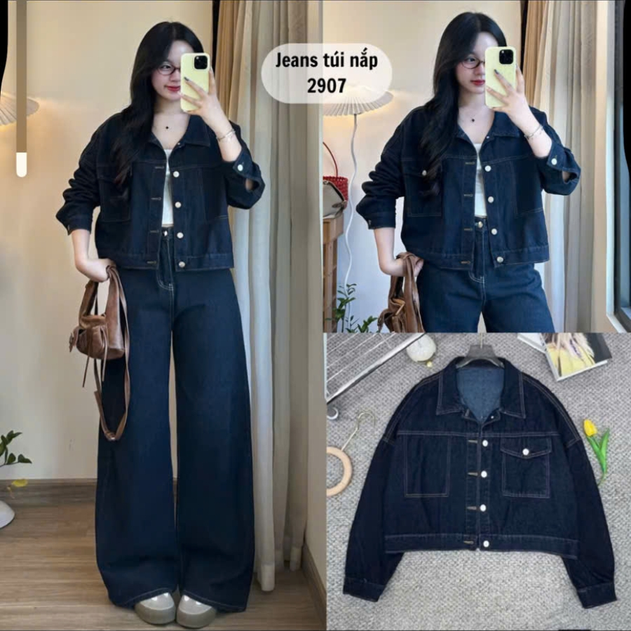 Aó khoác bò nữ màu xanh than chất vải mềm mại dáng lửng áo khoác nữ croptop freesize phong cách hàn quốc