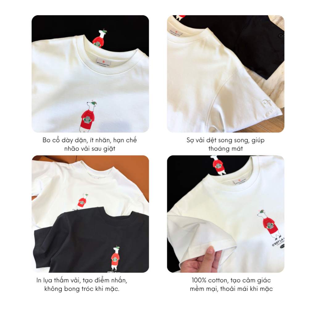 Áo thun unisex cotton 265gsm CSLAVIE – màu đen trắng xanh – giữ form, không nhão, dễ phối đồ