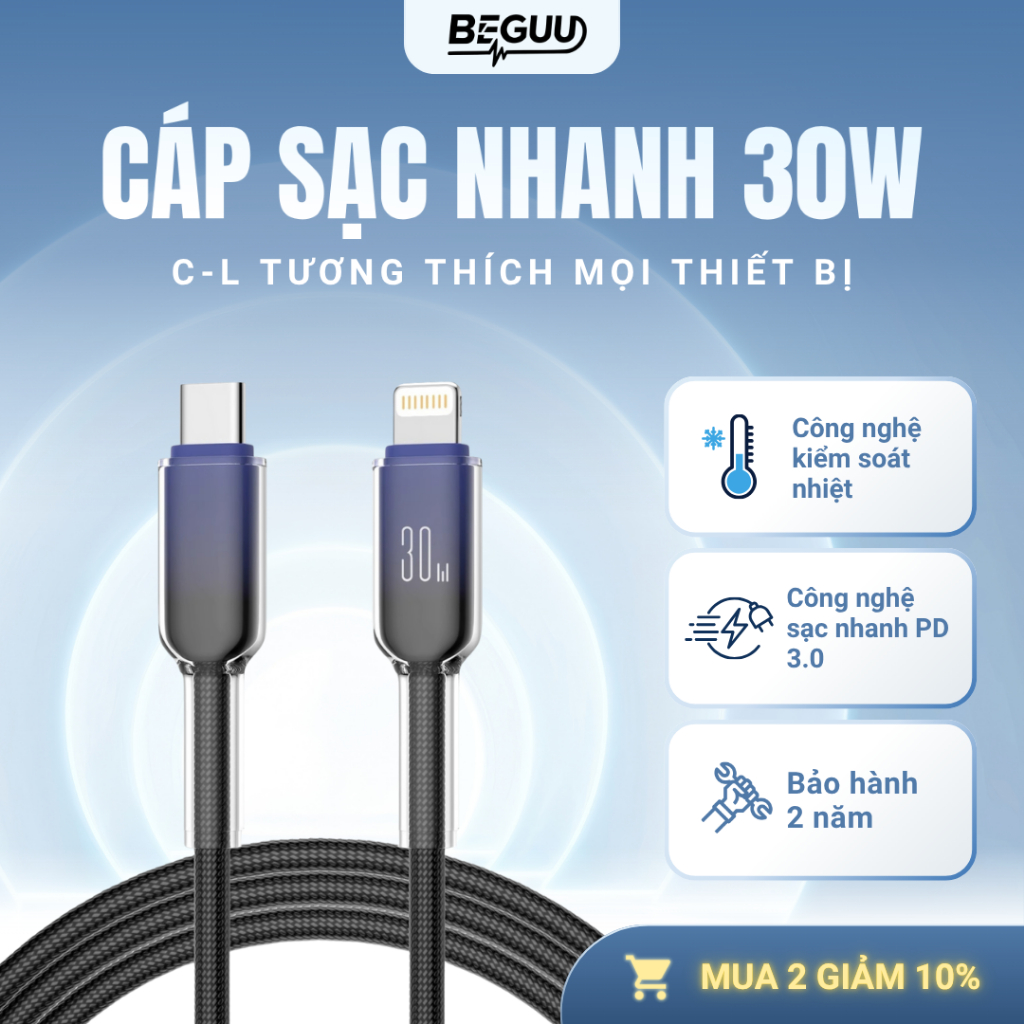 Dây Cáp Sạc Nhanh C to L 30W Trong Suốt, Bền Gấp 3 Lần, Chống Nóng, 3 Lớp Bảo Vệ, Tích Hợp Nhiều Thiết Bị