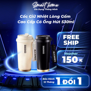 Cốc giữ nhiệt tráng gốm cao cấp, bình giữ nhiệt Nesthome có nắp đậy ống hút giữ nhiệt lâu