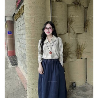 Set Bộ Đồ Nữ Áo Len Kẻ Ngang Đen Trắng Phối Cổ Bẻ Cài Cúc Viền Ren Dài Tay Mix Chân Váy Bò Dáng Dài Freesize