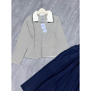 Set Bộ Đồ Nữ Áo Len Kẻ Ngang Đen Trắng Phối Cổ Bẻ Cài Cúc Viền Ren Dài Tay Mix Chân Váy Bò Dáng Dài Freesize