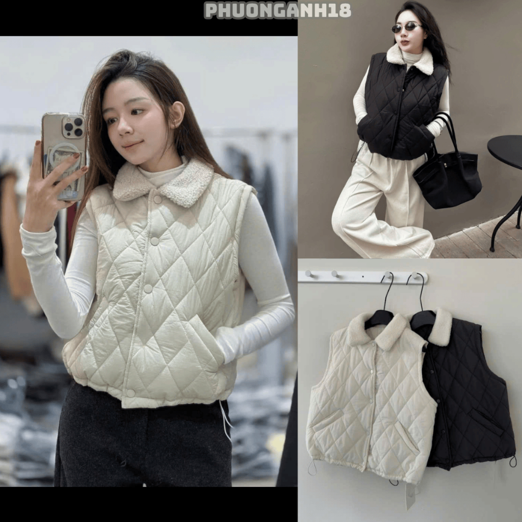 Áo phao Gile cúc bấm phối cổ có túi trước hàng QC A051