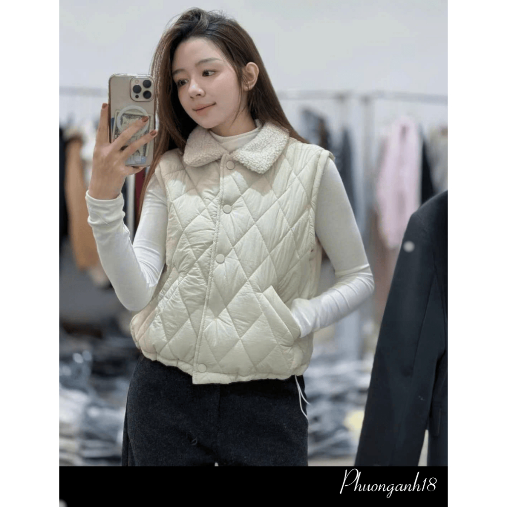 Áo phao Gile cúc bấm phối cổ có túi trước hàng QC A051
