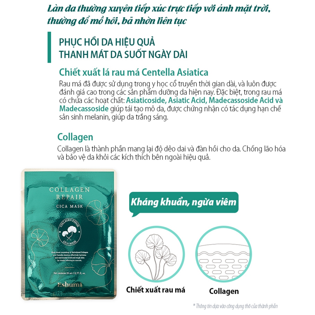 Mặt nạ phục hồi dưỡng ẩm làm dịu da centella Eshumi Collagen Repair Cica Mask (1 hộp 10 miếng)