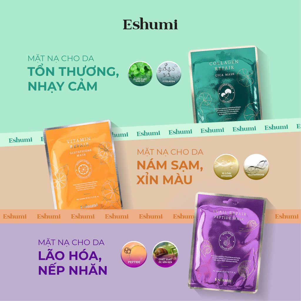 Mặt nạ phục hồi dưỡng ẩm làm dịu da centella Eshumi Collagen Repair Cica Mask (1 hộp 10 miếng)