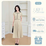 Váy Đầm Thiết Kế Nữ YAME Cổ Sơ Mi Tay Cánh Dơi Chiết Eo Dáng Xòe Dài Kèm Đai Trắng & Vàng Cỏ Úa Thanh Lịch - Safie YV629 — ảnh 1