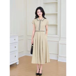 Váy Đầm Thiết Kế Nữ YAME Cổ Sơ Mi Tay Cánh Dơi Chiết Eo Dáng Xòe Dài Kèm Đai Trắng & Vàng Cỏ Úa Thanh Lịch - Safie YV629 — ảnh 2