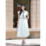 Váy Đầm Thiết Kế Nữ YAME Cổ Sơ Mi Tay Cánh Dơi Chiết Eo Dáng Xòe Dài Kèm Đai Trắng & Vàng Cỏ Úa Thanh Lịch - Safie YV629 — ảnh 4