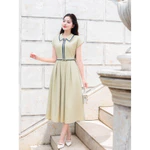 Váy Đầm Thiết Kế Nữ YAME Cổ Sơ Mi Tay Cánh Dơi Chiết Eo Dáng Xòe Dài Kèm Đai Trắng & Vàng Cỏ Úa Thanh Lịch - Safie YV629 — ảnh 8