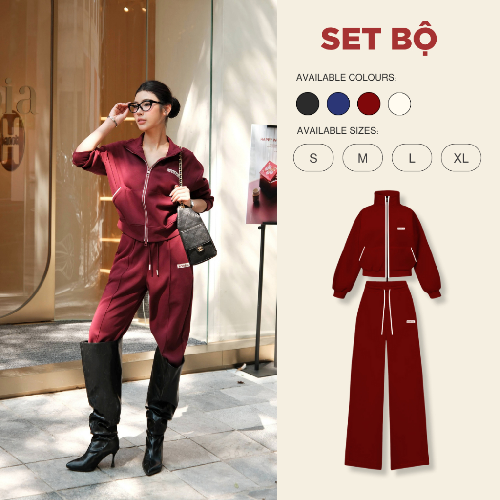 Set Bộ Dài ECOCHIC Áo Polo Cổ Bẻ Zip 2 Chiều Quần Ông Suông Dây Chun Đỏ Chất Liệu Cao Cấp Chính Hãng B182