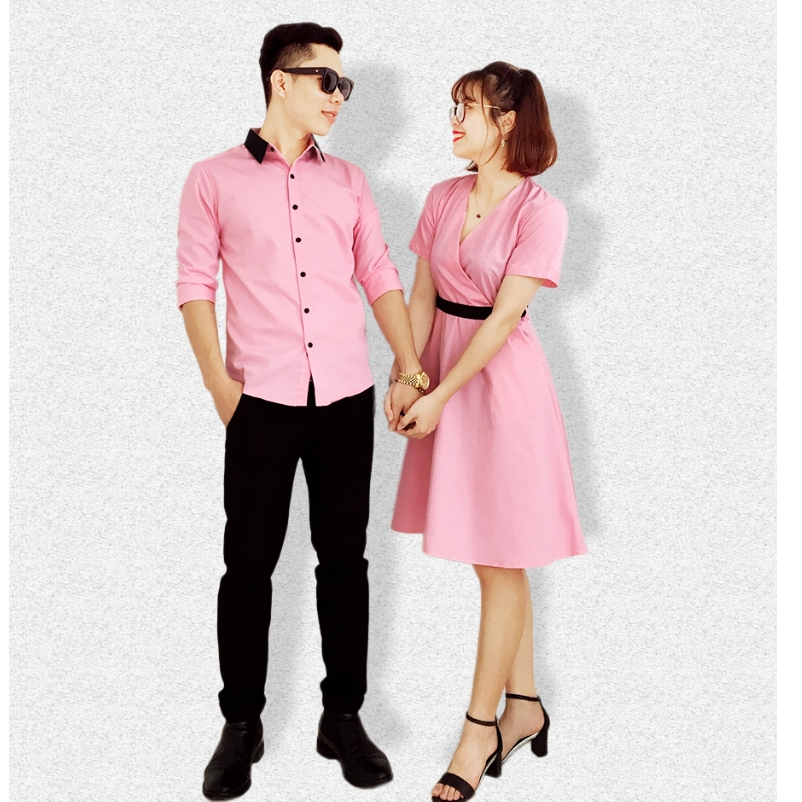 Set Sơ Mi Váy Fig Tree Màu Hồng Phối Cổ Đen Siêu Ngọt Ngào Cho Couple Chụp Hình Cưới, Đi Tiệc