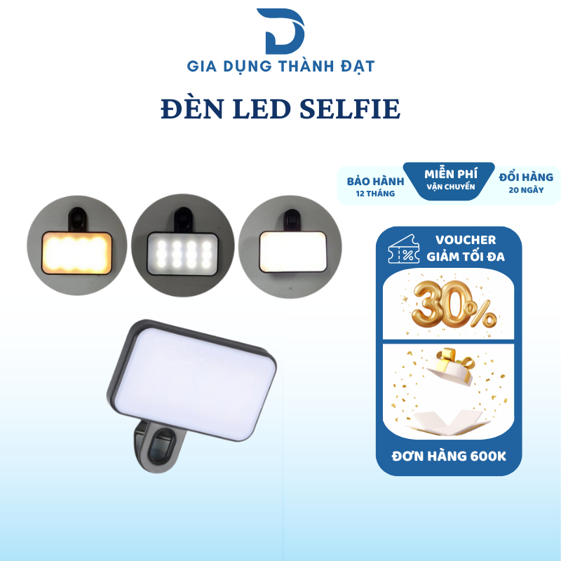 Đèn LED Selfie 3 chế độ có thể tùy chỉnh, Đèn chụp ảnh hỗ trợ sáng, Đèn quay video, Đèn livestream dạng kep nhỏ gọn