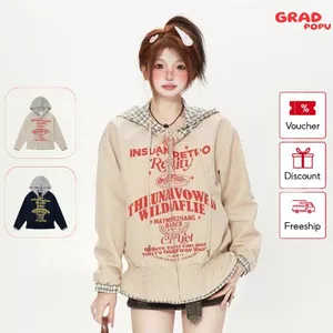 Áo hoodie nữ GRADPOPU dáng rộng kẻ caro phối họa tiết chữ phong cách Mỹ thời trang thu đông AK178