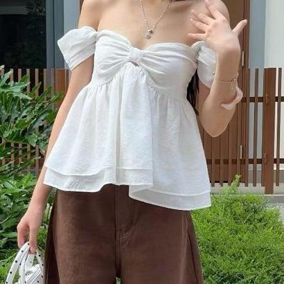 Tiany AT036: Áo Babydoll Trễ Vai Thiết Kế Nơ Ngực Màu Trắng Phong Cách Thời Trang Hàn Quốc KHÔNG MÚT Chất Liệu Thoải Mái | BigBuy360 - bigbuy360.vn