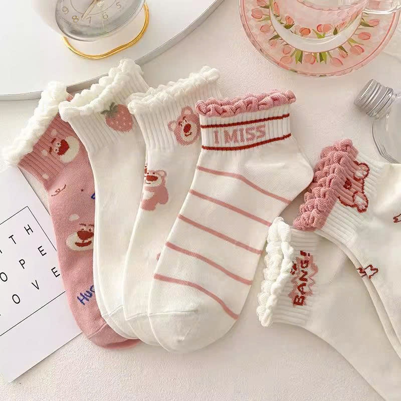 Set 10 Đôi Tất Nữ Cổ Ngắn Hoạ Tiết Gấu Dâu Hồng Siêu Hot Phong Cách Hàn vải cotton dày dặn