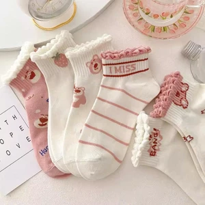 Set 10 Đôi Tất Nữ Cổ Ngắn Hoạ Tiết Gấu Dâu Hồng Siêu Hot Phong Cách Hàn vải cotton dày dặn