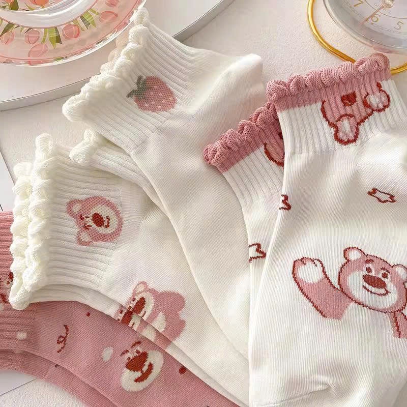 Set 10 Đôi Tất Nữ Cổ Ngắn Hoạ Tiết Gấu Dâu Hồng Siêu Hot Phong Cách Hàn vải cotton dày dặn