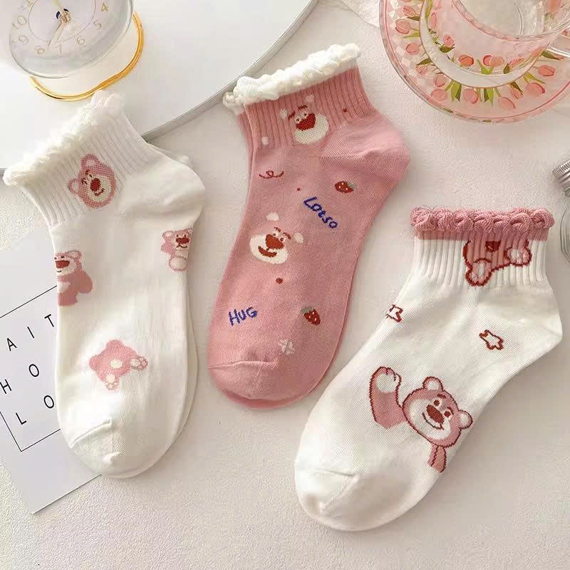Set 10 Đôi Tất Nữ Cổ Ngắn Hoạ Tiết Gấu Dâu Hồng Siêu Hot Phong Cách Hàn vải cotton dày dặn