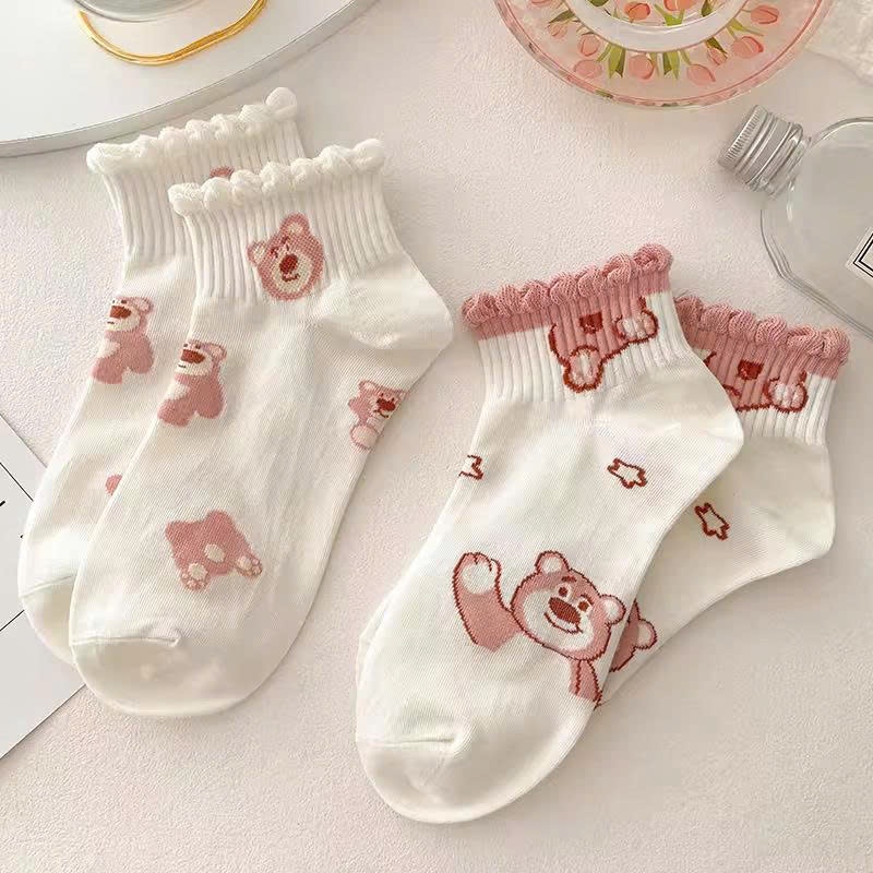 Set 10 Đôi Tất Nữ Cổ Ngắn Hoạ Tiết Gấu Dâu Hồng Siêu Hot Phong Cách Hàn vải cotton dày dặn