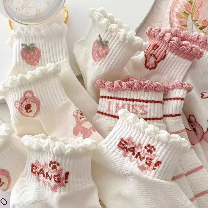Set 10 Đôi Tất Nữ Cổ Ngắn Hoạ Tiết Gấu Dâu Hồng Siêu Hot Phong Cách Hàn vải cotton dày dặn