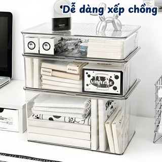 Hộp Nhựa Trong Suốt Đựng Đồ Bàn Làm Việc Có Nắp Đậy Kín, Hộp Lưu Trữ Đa Năng Xếp Chồng Tiện Lợi, Phong Cách Hàn Quốc
