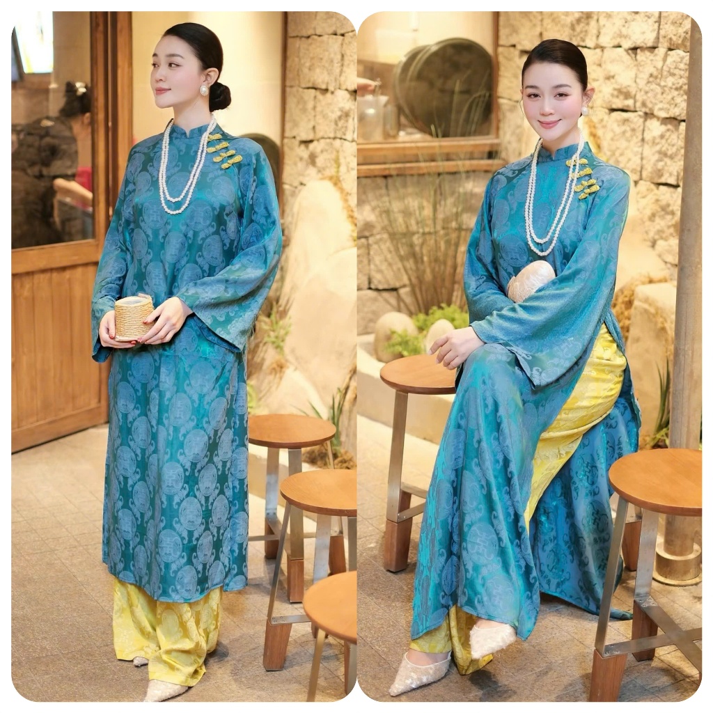 Áo Dài Gấm Thọ Xanh Đậm –Áo dài tết Sang Trọng, Quý Phái, Đậm Nét Truyền Thống-D11