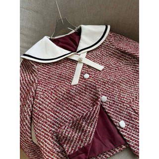 MIMI CLOTHING-Áo khoác tweed đỏ cổ nơ phối váy xếp ly trắng