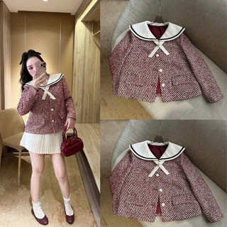 MIMI CLOTHING-Áo khoác tweed đỏ cổ nơ phối váy xếp ly trắng