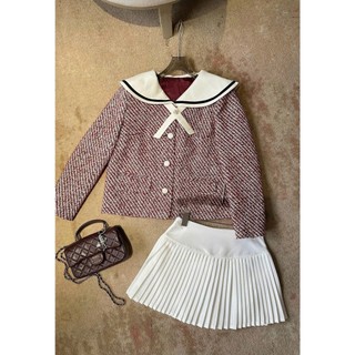 MIMI CLOTHING-Áo khoác tweed đỏ cổ nơ phối váy xếp ly trắng