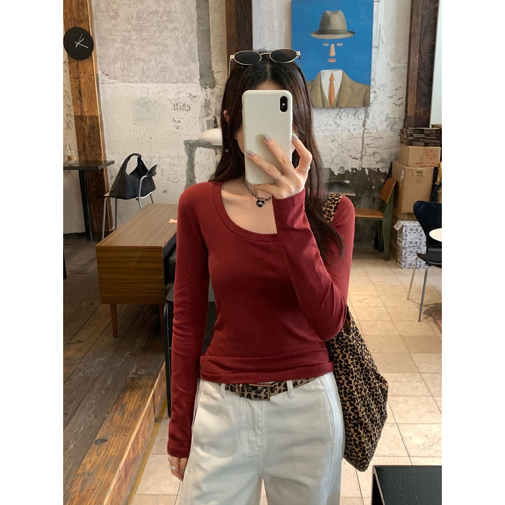 Áo dài tay dáng ôm cổ rộng xinh xắn JULY FASHION, Áo thun nữ tay dài mùa đông, chất len tăm dày dặn ấm áp