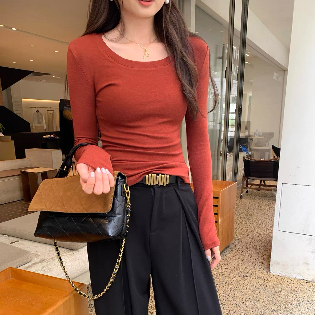 Áo dài tay dáng ôm cổ rộng xinh xắn JULY FASHION, Áo thun nữ tay dài mùa đông, chất len tăm dày dặn ấm áp