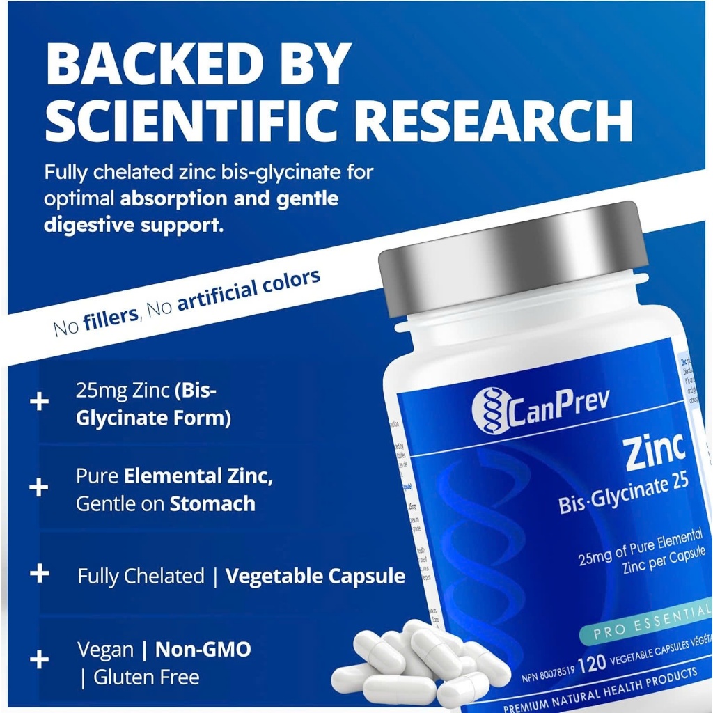 [FreeshipHCM] Thực Phẩm Bảo Vệ Sức Khoẻ CanPrev Zinc Bis-Glycinate 25 - Bổ Sung Kẽm Chính Hãng Canada
