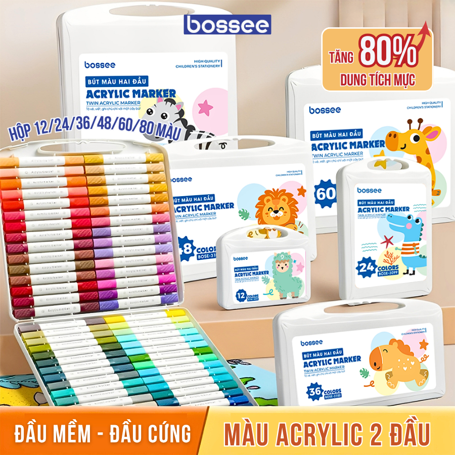 Bút Màu Acrylic Marker 2 Đầu Bossee- Hộp 80 Màu Maker Vẽ Mỹ Thuật Diy ...
