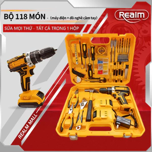 REALM Bộ dụng cụ sửa chữa 118 món kèm máy khoan pin 21V – Đầy đủ phụ kiện, hộp nhựa cứng