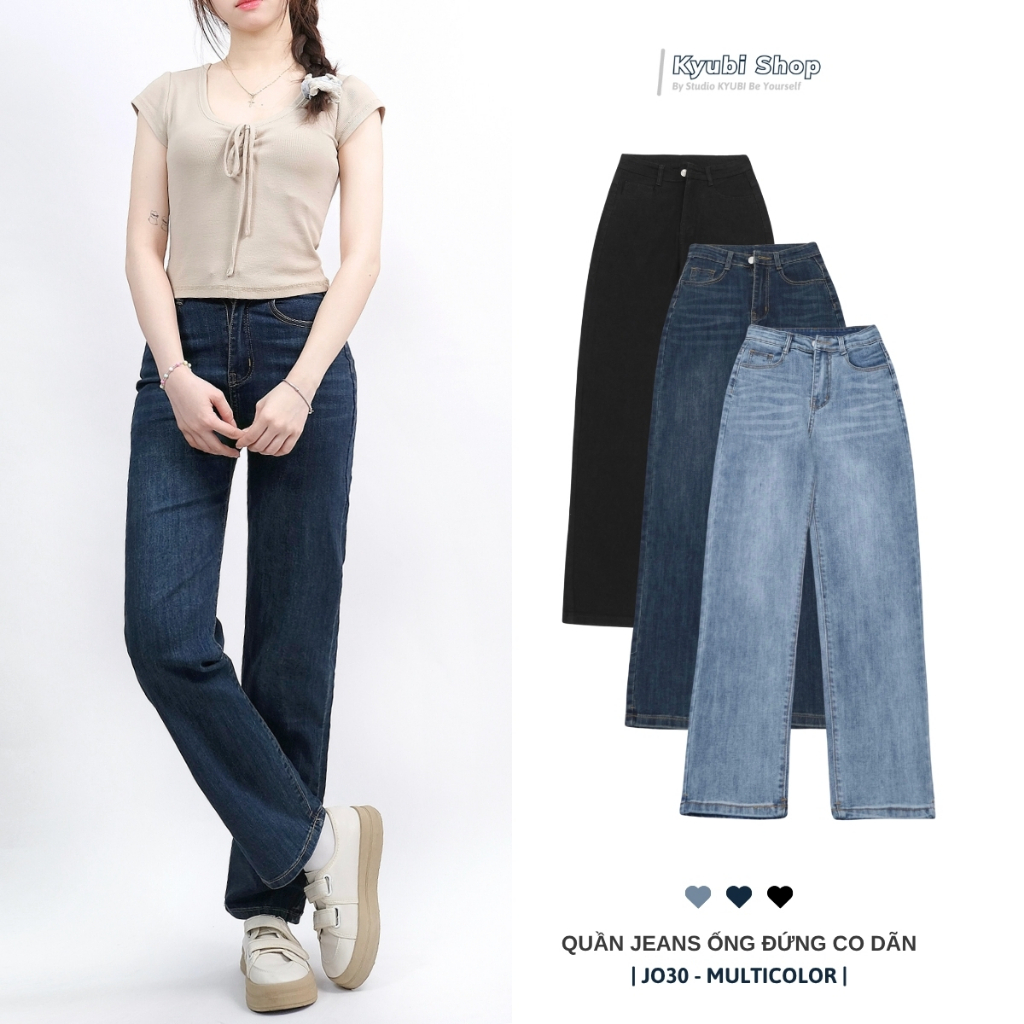 Quần jeans ống đứng co dãn Kyubi (có bigsize) - quần bò nữ co giãn lưng cao dáng suông fit Hàn Quốc JO30