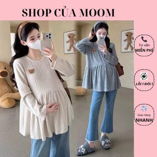 [Nhà Moom] Áo Bầu Len Tăm Mềm Thu Đông Co Dãn Tốt, Dáng Rộng phối Gấu Nhỏ Trước Ngực