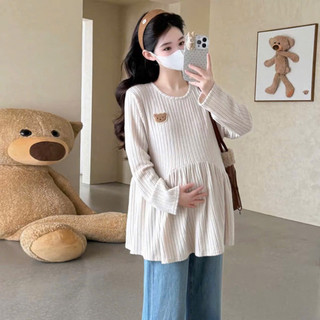[Nhà Moom] Áo Bầu Len Tăm Mềm Thu Đông Co Dãn Tốt, Dáng Rộng phối Gấu Nhỏ Trước Ngực