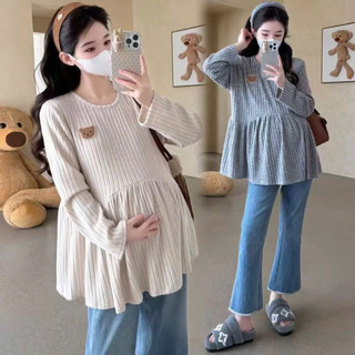 [Nhà Moom] Áo Bầu Len Tăm Mềm Thu Đông Co Dãn Tốt, Dáng Rộng phối Gấu Nhỏ Trước Ngực
