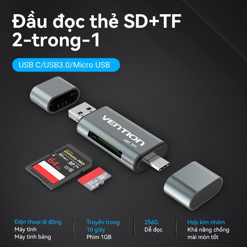 Đầu Đọc Thẻ Nhớ Vention USB 2.0 / 3.0 / 4.0 TF SD Micro Type-C OTG Cho Điện Thoại Thông Minh Tốc Độ Truyền Dữ Liệu Cao