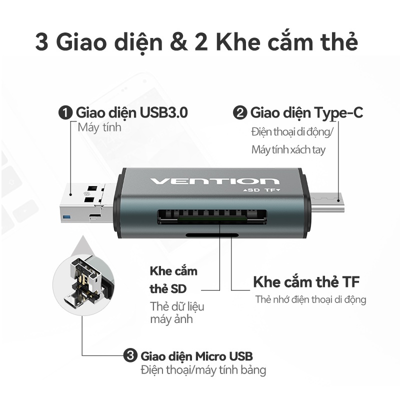 Đầu Đọc Thẻ Nhớ Vention USB 2.0 / 3.0 / 4.0 TF SD Micro Type-C OTG Cho Điện Thoại Thông Minh Tốc Độ Truyền Dữ Liệu Cao