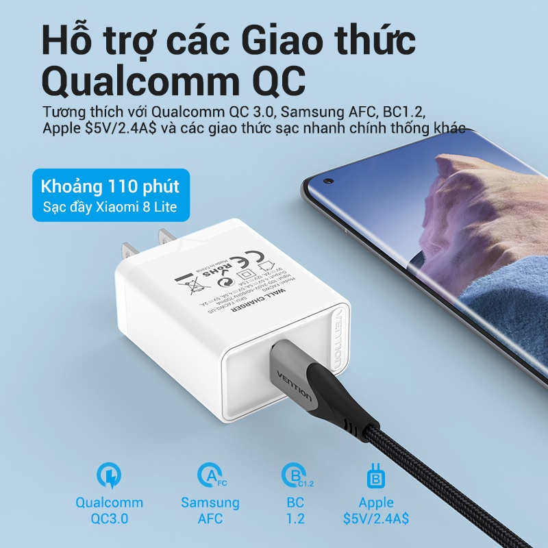 Củ Sạc Nhanh Vention 22.5W Cốc Sạc 1 USB-A Chống Cháy Nổ Dùng Cho Samsung, Xiaomi và Các Dòng Điện Thoại Khác