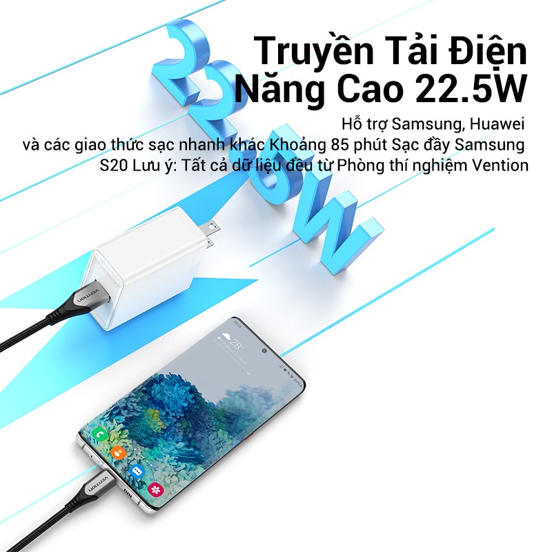 Củ Sạc Nhanh Vention 22.5W Cốc Sạc 1 USB-A Chống Cháy Nổ Dùng Cho Samsung, Xiaomi và Các Dòng Điện Thoại Khác