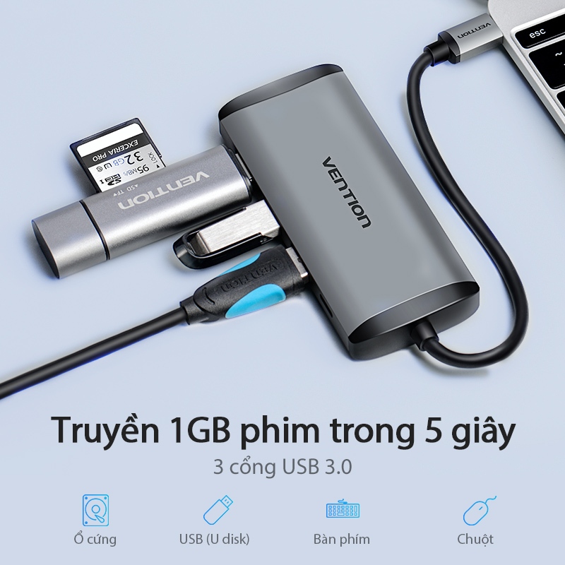 Bộ Chuyển Đổi HUB Type-C Vention 5-in-1 Hỗ Trợ HDMI 4K@30Hz, USB 3.0 Tốc Độ Cao, PD Sạc Nhanh, Cho Điện Thoại Laptop PC