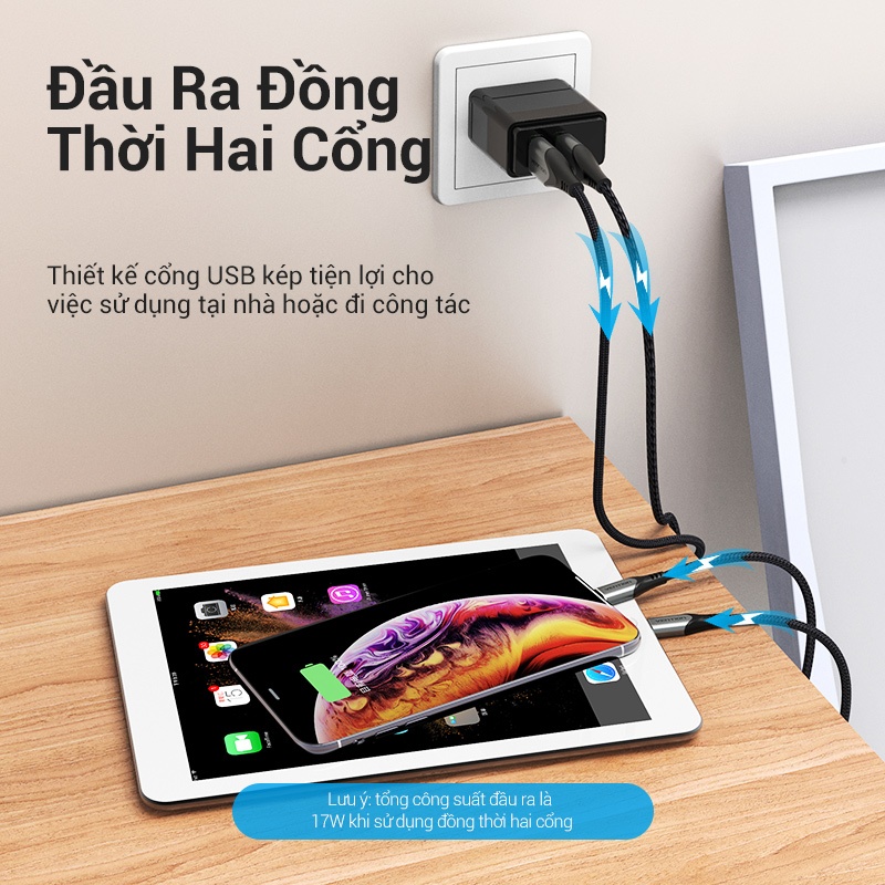 Củ Sạc Nhanh Vention 2 Cổng USB 18W Cốc Sạc USB-A Chống Cháy Nổ Dùng Cho Samsung, Xiaomi và Các Dòng Điện Thoại Khác
