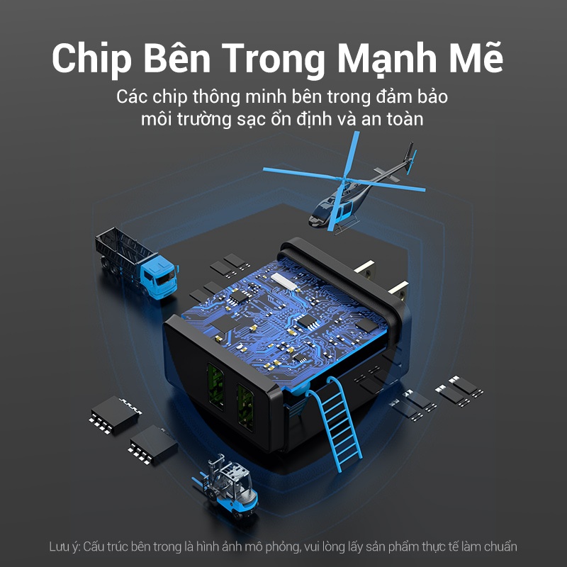 Củ Sạc Nhanh Vention 2 Cổng USB 18W Cốc Sạc USB-A Chống Cháy Nổ Dùng Cho Samsung, Xiaomi và Các Dòng Điện Thoại Khác