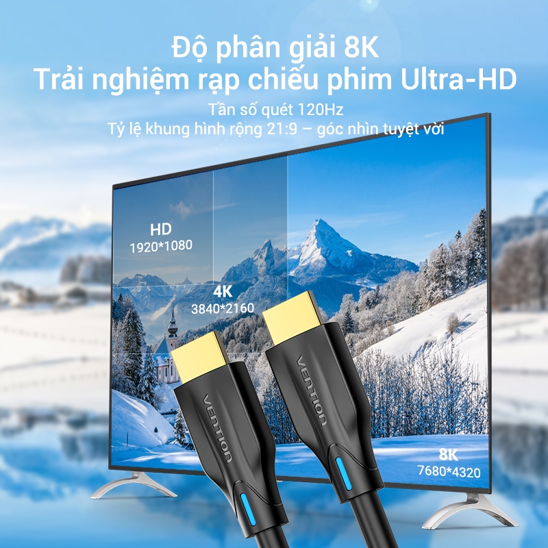 Cáp HDMI 2.1 Vention Siêu Nét 8K 120Hz 48Gbps Tốc Độ Cao ARC Cho PC, TV, PS5, Nintendo Switch (1m-10m)
