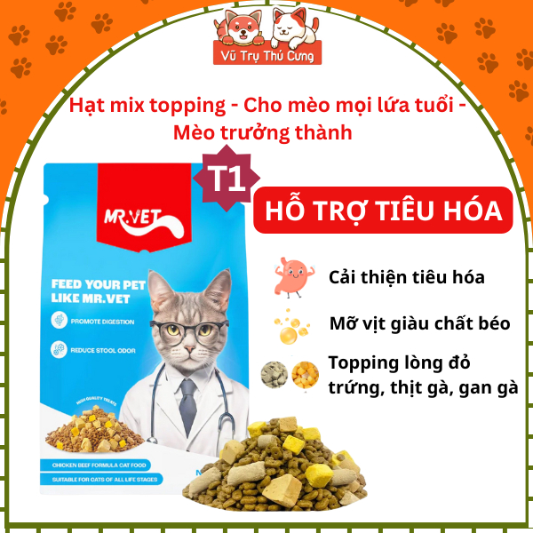 (1kg T1) Thức Ăn Hạt Cho Mèo Mr.Vet T1 Hỗ Trợ Tiêu Hóa Nhạy Cảm, Tiêu Búi lông