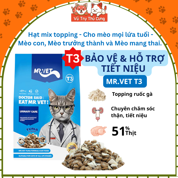 (1kg T3) Thức Ăn Hạt Mr.Vet T3 Hỗ Trợ Cải Thiện Tiết Niệu Dành Cho Mèo Trưởng Thành