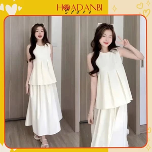 Set Váy kaki Dáng Dài Nữ Cổ Tròn Kèm Chân Váy Xòe Dài Cách Điệu Nhẹ Nhàng Nữ Tính, Set Váy Tiểu Thư
